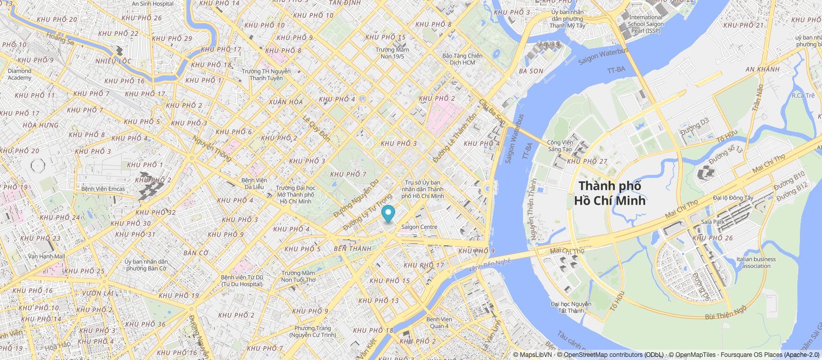 Bản đồ khu vực trung tâm Thành phố Hồ Chí Minh do MapsLibVN dựng, nhãn đường và địa điểm bằng tiếng Việt